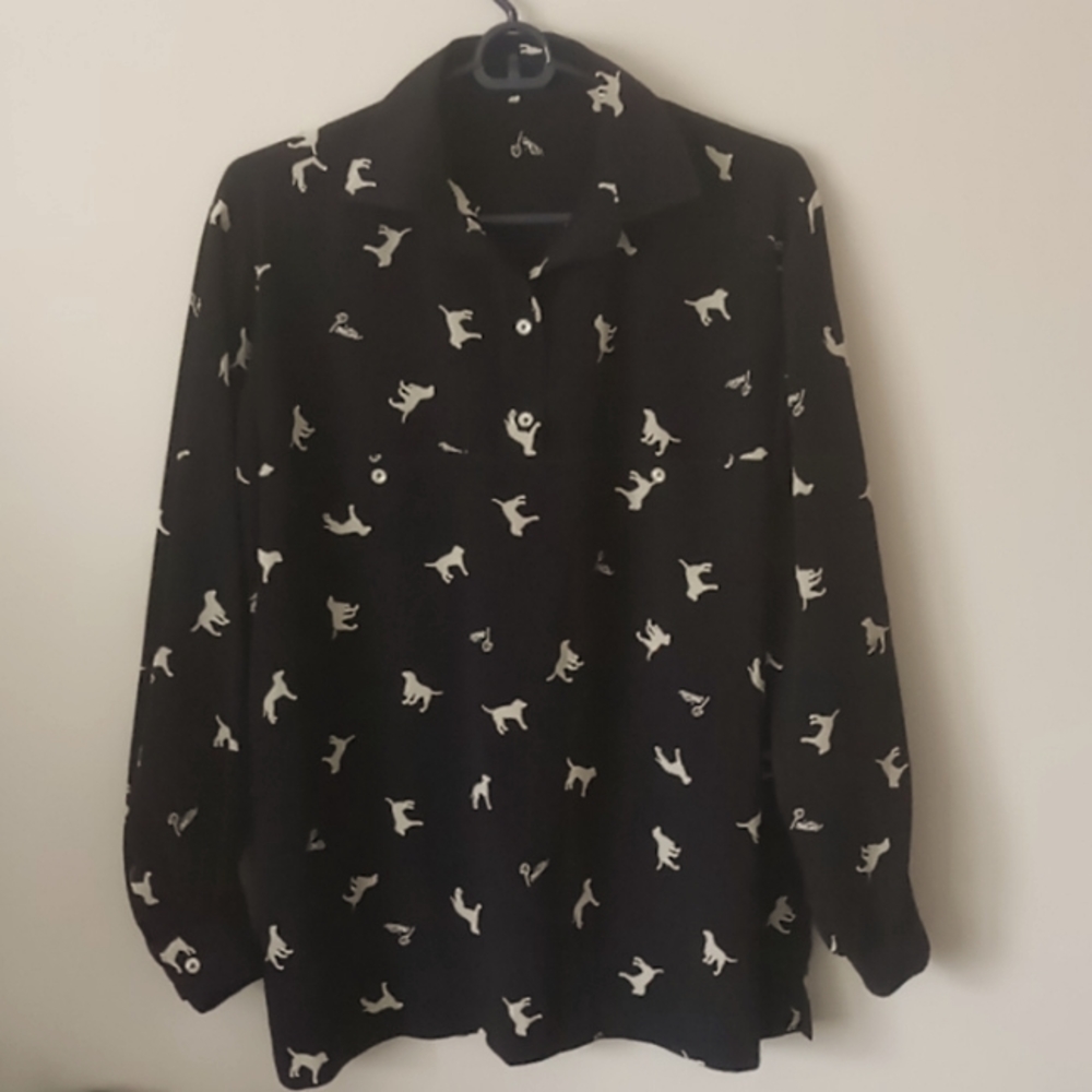 Dark Navy Silk Blouse Pointer Dogs Popover L / XL